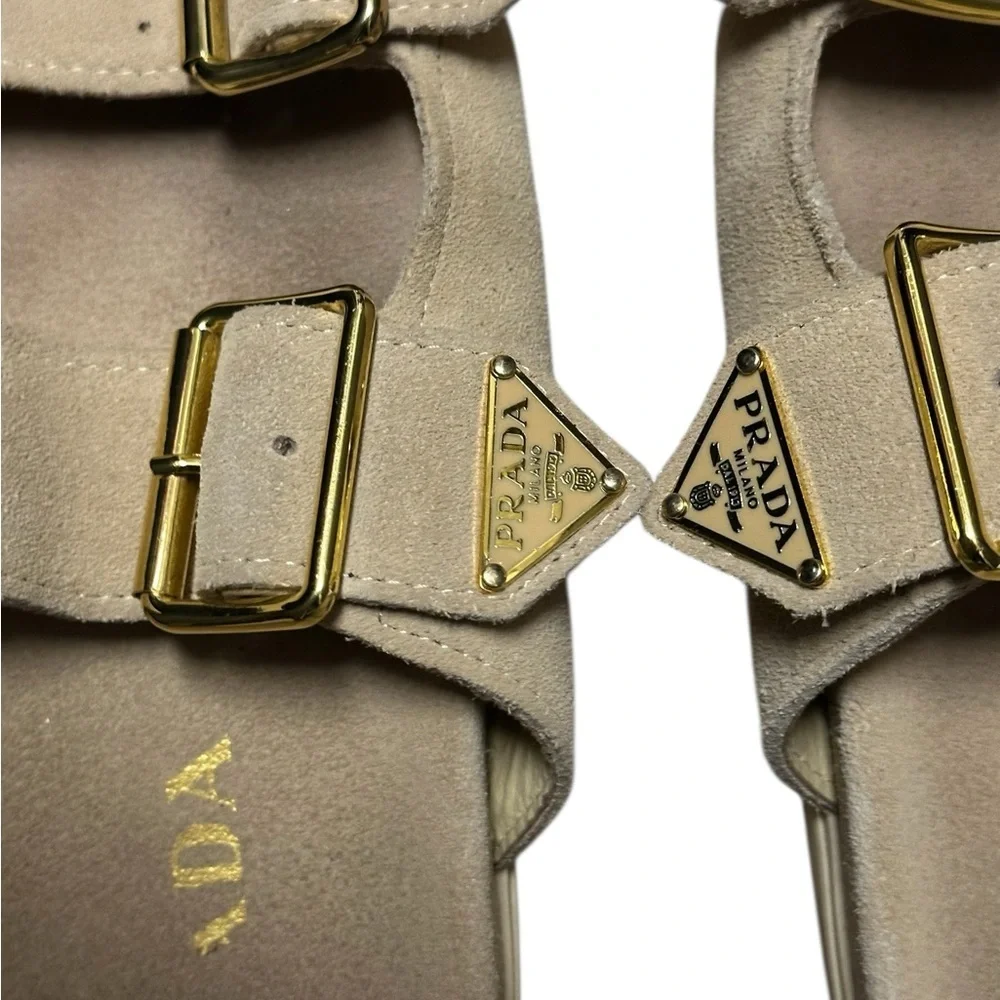 Prada Beige Suede Sandals with Gold Buckles, sz 37 pre-owned